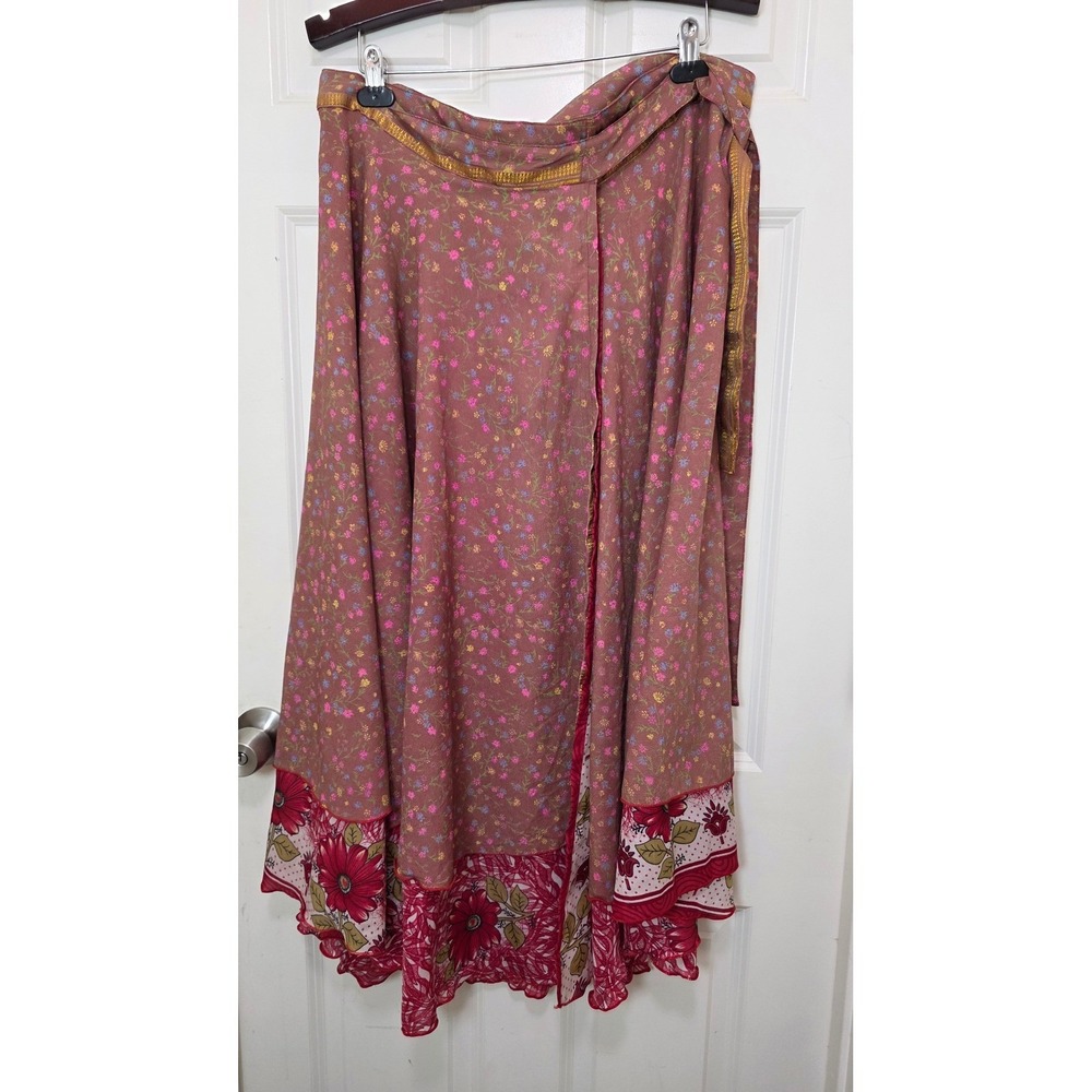 Wevez Silk Wrap Skirt Womens L Brown Red Floral Reversible Boho Maxi Skirt